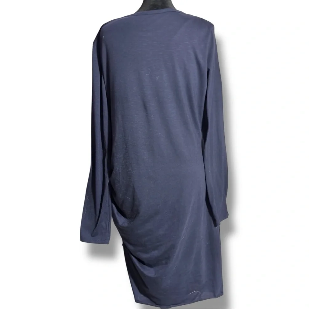 Unbranded Chic Long Sleeve Navy Side Rouching Crewneck Bodycon Midi Dress
